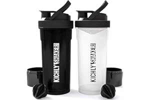 KICHLY Set of 2 Classic Protein Shaker Bottle (700 ml) with Protein Shaker Ball - Non-Leak Cap with Container for Protein Shakes – Perfect Fitness & Workout Partner (Black & Clear)