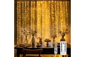 ‎LQWELL LQWELL Światła kurtynowe LED z pilotem, 3 x 3 m 300 diod LED, kurtyna z lampkami choinkowymi i timerem, ściemnialne, ciepła biel, 8 trybów, światła okienne do pokoju, wesela, imprezy