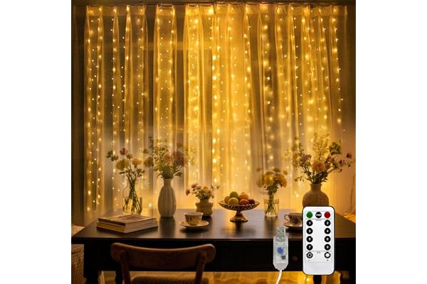 LQWELL LED ljusridå med fjärrkontroll, 3 x 3m 300 leds ljusridå med timer, dimbar, varmvit 8 lägen för rum bröllopsfest