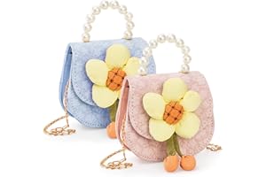 Cididu 2 Pcs Kids Purse for Little Girls, PU Leather Mini Shoulder Handbag Crossbody Bag with Pearl Handle and Flower, Small Wallet Purse for Girls Kids Toddlers Dress Up Gold Chain Gifts Presents,