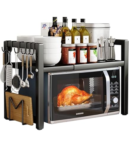 Rek Voor De Keuken Met 2 Niveaus - Keukenorganizer Boven Magnetron Met 2 Verstelbare Rasters En 8 Haken Wit