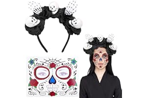 Ayizhiniu Diadema para el Día de los Muertos, Diadema del Día de Muertos con Rosas con Pegatinas de Tatuajes Faciales, Halloween Diadema Rosas Esqueleto, Adecuado Fiesta Cosplay