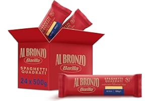 Barilla Pasta Al Bronzo Spaghetti Quadrati 100% Grano Italiano, Pasta Trafilata Al Bronzo con Lavorazione al Bronzo Grezzo, Spesso e Corposo, Alta Tenuta di Sugo e Cottura, 24 Confezioni da 500 g