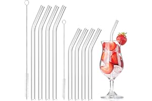 REALJOY Szklane słomki wielokrotnego użytku, 8 zakrzywionych słomek szklanych, 4 x 20 cm + 4 x 15 cm, przezroczyste słomki do picia z 2 szczotkami do czyszczenia, do koktajli, smoothie i soków