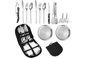 LOEPENLE Juego de Cubiertos para Camping,14 Acero Inoxidable Juego de Cubiertos de Viaje Portátil,Juego de Vajilla para Camping,Juego de Cubiertos de para 2 Personas,Conb Cuchillo,Tenedor,Cuchara,y Platos