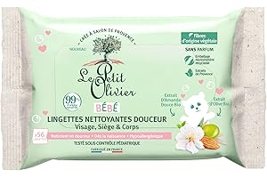 LE PETIT OLIVIER - Lingettes Nettoyantes Douceur - Bébé - Visage, Siège Et Corps - Fibres D'Origine Végétale - 99% D'Origine Naturelle - Testé Sous Contrôle Pédiatrique - x56