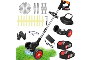 FISIYINDZ Débroussailleuse Electrique sans Fil 21V 2.0Ah Coupe Bordure avec 2 Batterie et Chargeur de Coupe Bordure avec et Roues Amovibles,Légères et à Faible Bruit,pour Jardin, Pelouse, Ferme