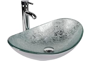 ZealWe Waschbecken Aufsatzwaschbecken Glas Waschtisch 55x35 cm, Handwaschbecken Aufsatz Waschschale Mit Wasserhahn Set Bad Waschplätze für Badezimmer, Gäste WC, küche, Oval,Modern Silber