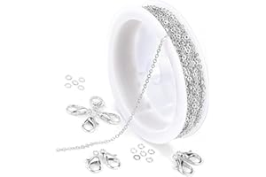 Niboken Cadenas para Hacer Joyas 5 Metro 2mm Cadena de Collar de Acero Inoxidable con 10 Cierres de Langosta y 30 Anillos Salto para Manualidades DIY, Fabricación de Joyería (Plata)