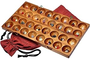 LOGOPLAY Hus - Bao - Kalaha - Bohnenspiel - Muschelspiel - Edelsteinspiel aus Samena-Holz inkl. 75 Edelsteinen und Stoffbeutel