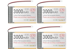 FEYIO 4 PCS 3.7V 3000mAh LiPo Battery Rechargeable 1S 3C Lithium Polymer Battery with Protection Board Insulated Rubber Tape, Micro JST 1.25 Plug for Ar duino ESP32 Development Board