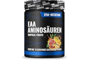 ‎GYM NUTRITION EAA Pulver hochdosiert I 500g mit 8 essentiellen Aminosäuren (EAAs) I Vegan I Ohne Farb- und Aromastoffen (Tropical-Fruits)