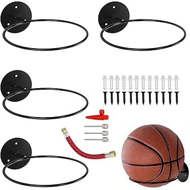 Jeinbuil 4 stuks wandhouder, balhouder, metalen balhouder, zwart, basketbalhouder, wandbalhouder met schroeven, voor basketbal, volleybal, voetbal, rugby