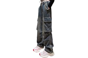 Happy Cherry - Girls Denim Pants Kids Wide-Leg Ripped Baggy Jeans Elastic High Waist Trousers Loose Casual Cargo Pants Y2K Vintage Retro Straight Jeans Street Wear with Pockets Age 5-15 Years