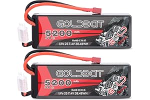 GOLDBAT 2S RC Battery 50C 5200mah 7.4v Lipo Rc Battery hardcase With T plug For Rc Cars 1/8 and 1/10 Scale Vehicles Car, Trucks, Boats RC Evader BX RC Truggy UAV (2Packs)