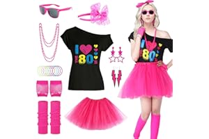 ANSAMY Disfraz de 80s de Neón para Mujer, Accesorios de Años 80 con Camiseta, Tutu, Guantes de Rejilla, Calentadores de Pierna, Collares Pulseras Pendientes Gafas Diadema