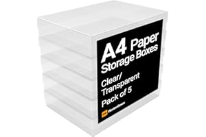 WestonBoxes A4 Plastic Craft Storage Boxes with Lids for Art Supplies, Paper and Card - 3.6 Litre Volume (Clear, Pack of 5)