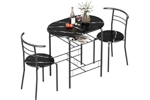HOMCOM Dining Table and Chairs Set 3, Breakfast Bar Table and 2 Chairs with Storage Shelf, Marble-Effect Tabletop, Metal Frame, Dining Room Set for Living Room, Small Space, Black