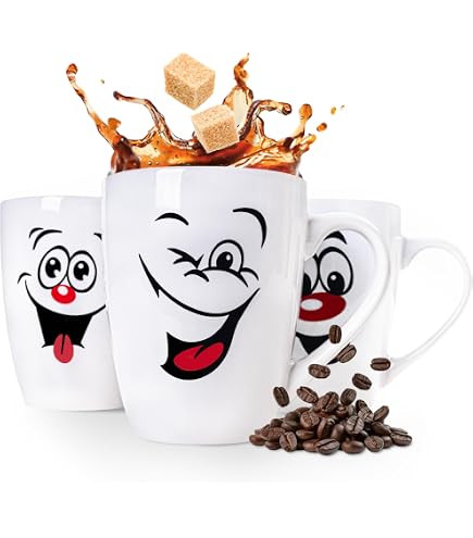 6-tlg. Set Lustige Tassen mit Gesicht 300 ml- Kaffeetassen witzig | Kaffeebecher lustig - Kaffebecher mit Gesicht - Tassen für Kinder - Witzige Tassen mit Gesicht