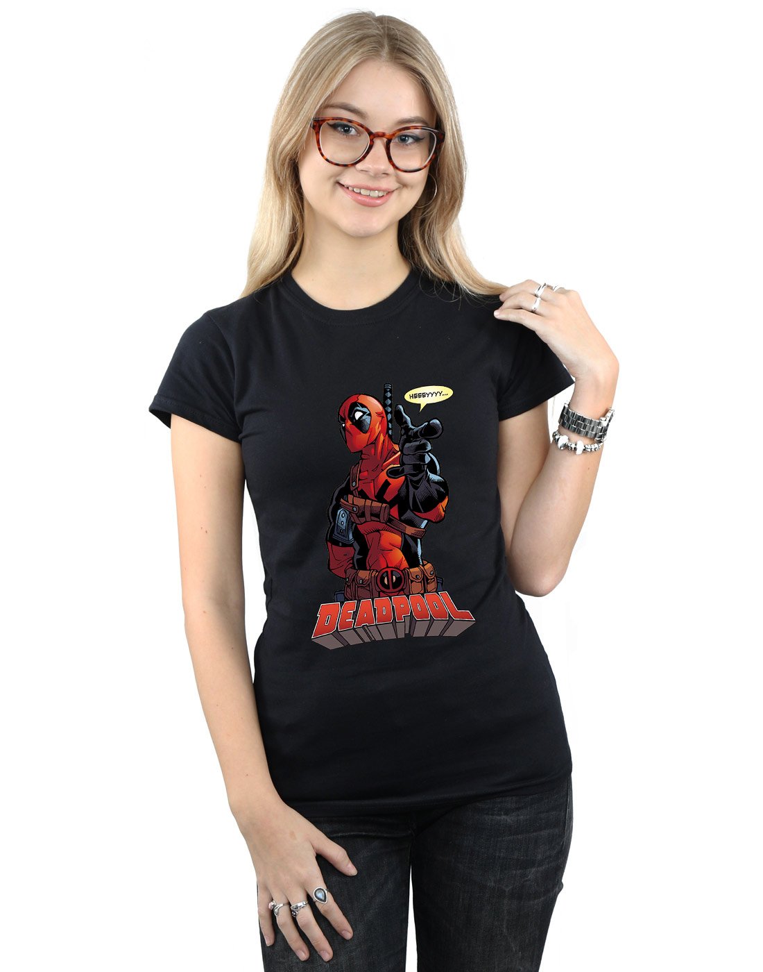Marvel-Damen-Deadpool-Hey-You-T-Shirt-Schwarz-Medium
