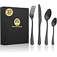 BEWOS 32-Piece Stainless Steel Cutlery Set, Matt Black Knives and Forks Set, Service for 8, Spoon and Fork Set with Gift Box, Tableware Flatware Set with Fork and Spoon Set, Dishwasher Safe