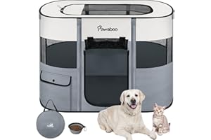 Pawaboo Parc Enclos Pliable Chien Chat, Enclos Intérieur Extérieur Portable, Cage Clôture Tente d'exercice en Tissu Oxford pour Petits Animaux, avec Bol à Nourriture, L, Gris