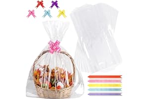 INNAL Set di 20 sacchetti regalo in cellophane, 10 grandi pellicole regalo, sacchetti di cellophane trasparenti, 100 x 70 cm, con 10 fiocchi per regali, cesti per bricolage, fiori