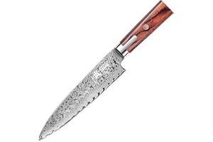 MITSUMOTO SAKARI Cuchillo Cocina Japonés Gyuto, Cuchillo Chef Profesional de 18 cm, Cuchillos Carne Damasco Forjado a Mano (Mango de Pakkawood y Caja de Sándalo)