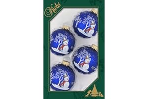 Krebs Glas Lauscha Balls Blue Decorated with Snowman and Tree, 7cm