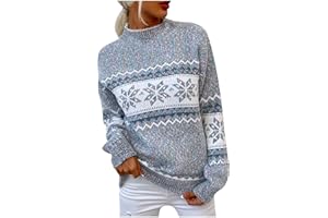 LOOTENKUN Pull Femme Col Rond Pas Cher À La Mode Hiver Chaud Laine Jacquard Tricot À Manche Longue Pullover Chic Et Elegant Imprimé Flocon De Neige De NoëL