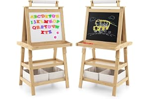 DREAMADE Chevalet Peinture pour Enfants avec Double Faces Noir et Blanc, Table àDessin pour Fille et Garçon avec 2 Étagères de Rangement, Multifonctionnel avec Accessoires Riches (Naturel)