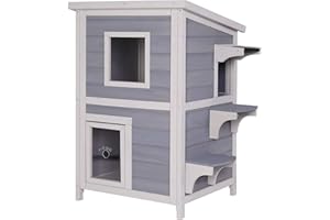 lionto Casa da esterno per gatti per gioco e riposo, casetta in legno con tetto in bitume impermeabile 56x52x82 cm, finestra e 3 ingressi, rifugio robusto con istruzioni di montaggio, grigio/bianco