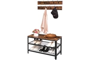 HOOBRO Perchero Zapatero, Perchero con Banco, Zapatero con Asiento, 3 Estantes, 9 Ganchos, 30 x 73 x 44,5 cm, Gran Espacio de Almacenamiento, para Entrada Pasillo, Marrón Rústico y Negro EBF17MT01