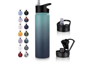 UMBFUN Edelstahl Trinkflasche - 750ml - mit Strohhalm,Auslaufsicher,Kohlensäure Geeignet,BPA frei Thermosflasche(+2 Deckel) Vakuum Doppelwandisolierung für Sport,Reisen,Camping,Schule,Fahrrad,Gym