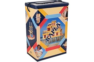 KAPLA Die 200er Box Sommer 200 Plättchen aus naturbelassenem Pinienholz, Davon 140 x naturfarben und 20x hellblau, 20x rot und 20x gelb