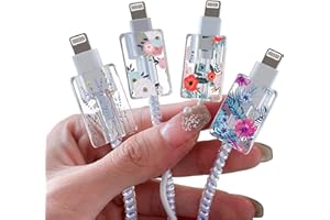 DIYGODY Cute Flowers Cable Protector for iPhone Type-c Charger,Red Roses Camellia Green Leaves Bouquet Pattern 4 PCS Set Cable bite Protector for Women Girls Kids Teen,Cable Chomper,iPhone Charger Saver-Clear