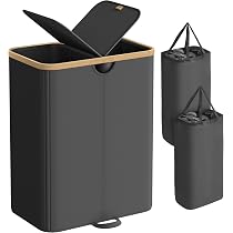 COSTWAY Cesto Portabiancheria In Bambù, Cesto Della Biancheria Sporca Con 2 Scompartimenti Estraibili Con Borse Rimovibili E Mensola In Alto 64 X 33 X 73 Cm Bianco 86210921