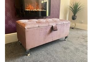 SK LUXURY LIVING Ottoman Storage Box - Engineered Wood Luxurious Plush Velvet Ottoman Storage Bench, Perfectly Designed Ottoman for Bedroom Storage & Blanket Box - (Pink Plush, Legs)