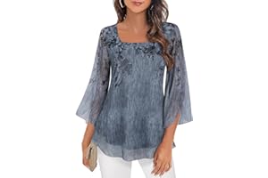 Syphiby Womens Blouses Ruffle 3/4 Sleeve Tunic Tops Loose Flowy Square Neck Chiffon Top Double Layers Mesh Shirts M-3XL
