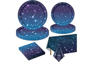 QUERICKY Outer Space Party Decorations for 20 Guests, Tableware Set Includes Starry Night Paper Plates, Napkins, Tablecloth for Kids Space Galaxy Theme Birthday Decor