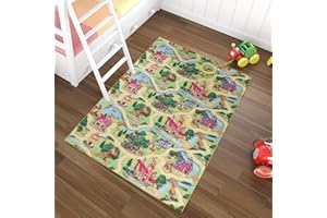 TAPISO Nino Tappeto Villaggio Pista Macchinine Giochi Bambino Bambina Bambini Bimbi Morbido Da Gioco Verde Giallo Rosa Cameretta Stanza Bambini A Pelo Corto 200 x 300 cm