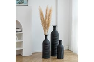 Sziqiqi Bardzo duże czarne wazony podłogowe - 68/51/41 cm wysokości, metalowy wazon podłogowy, zestaw 3 nowoczesnych tekstury plastra miodu, duży wazon do salonu, sypialni, duży wazon na kwiaty