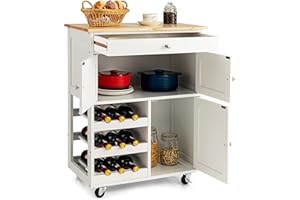 COSTWAY Carro de Cocina, Isla de Cocina con Superficie de Madera de Goma, Cajón, Botellero con 3 Niveles, 2 Armarios, Carrito Giratorio Ideal para Restaurante Cocina Bar (Blanco)