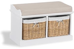 Tetbury White Bench with Cushion and 2 Storage Baskets. Hallway storage bench with cushion seat. FULLY ASSEMBLED Sturdy hallway bench