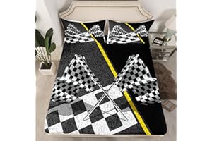 MANFEI Race Car Flag Fitted Sheet Single Size, Black White Checkered Flag Bedding Set 2pcs for Kids Girls, Racing Game Sport Theme Bed Cover with 1 Pillowcase, Soft Polyester Bedding