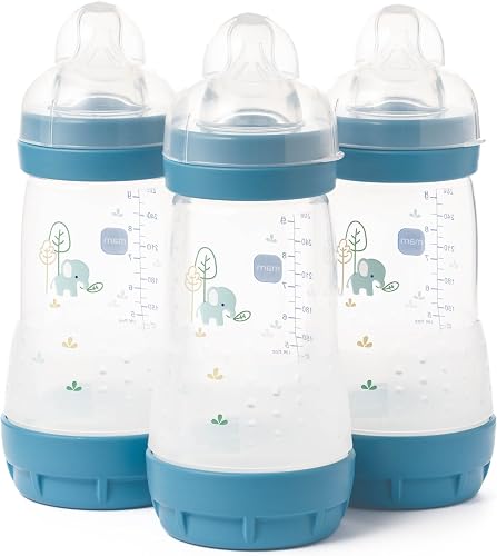 MAM Easy Start Anti-Colic Baby Bottles | 3 Pack (3 x 260) | Self-Sterilising Baby Milk Bottle | Medium Flow MAM Teats Size 2 | Newborn Essentials | Green Tea (Various Designs)