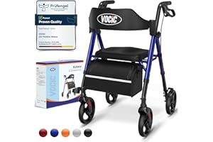 VOCIC Rollator Walker with Seat, Brakes, Bag, Foldable Walking Aid, Adjustable Height, Lightweight Rollator for Disabled, 20cm/8'' Wheels for All Terrain, 5 Year Support,Blue