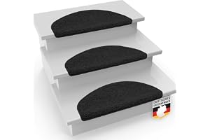 Floordirekt Raggiga trappmattor Barcelona – set om 15 – trappmattor i 16 färger, hållbar och lättskött, trappmatta för inomhus (svart, halvrund 65 x 23,5 cm)