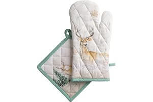 Maison d' Hermine Deer in The Woods Ensemble de Gant de Cuisine 100% Coton (19cm x 33cm) et manique (20cm x 20cm) pour Barbecue, Cuisine, pâtisserie, Griller, Micro-Ondes, Thanksgiving, Noël