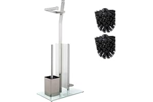 SMARTPEAS Piantana Portarotolo E Scopino - Porta Carta Igienica E Scopino Da Terra - In Acciaio Inox E Base In Vetro - 32X20X70 cm - Facile Da Montare - Con 2 Testine Di Ricambio